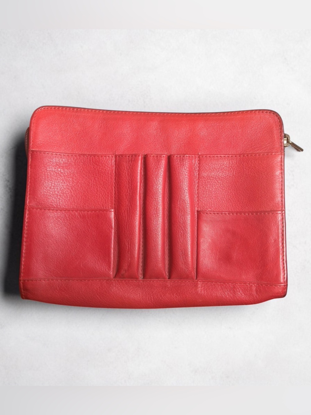 Red Leather Zip Folio Organizer Clutch